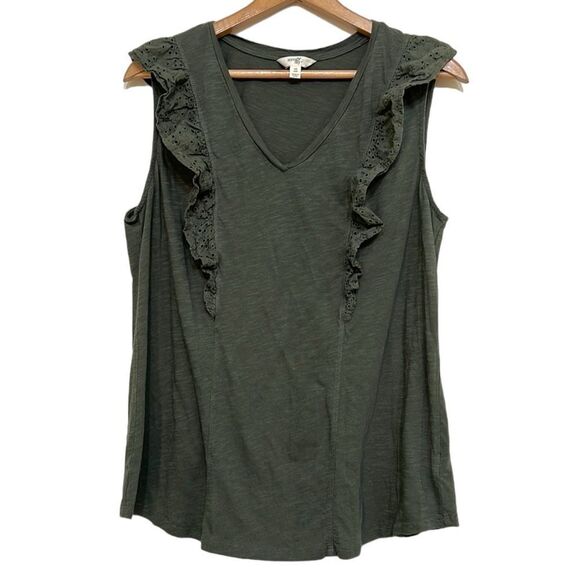 V-Neck Tank Top Woman’s Size 0X 14W Green Ruffled Eyelet Pullover Terra & Sky - Picture 1 of 9